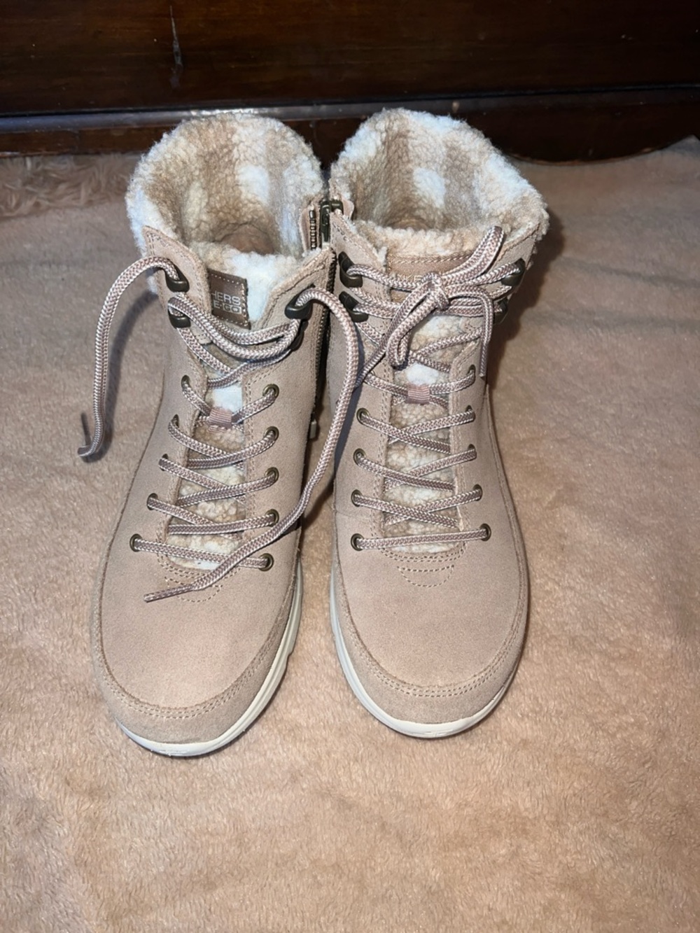 Skechers Ultra Go Lace-Up Faux-Shearling Ankle Boots - Taupe
